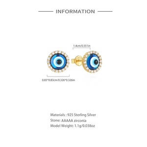 Detail of S925 sterling silver evil eye stud earrings with blue enamel and AAA zircon stones