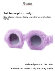Detail of round sunglasses featuring purple plush faux fur frames and dark gray lenses