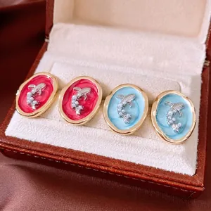 French Vintage Oval Enamel Earrings For Women With Fish Relief And Artificial Pearl On 925 Sterling Silver Earring Post