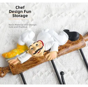 Detailed macro view of resin chef wall hook with realistic wood texture and metal hanger