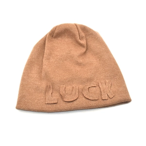 Brown thick ribbed knit beanie with embossed LUCK letter for women in winter style