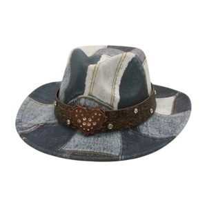 Vintage patchwork denim cowboy hat with heart rhinestone buckle and studded leather band