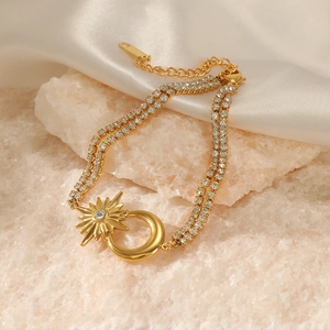 Bracciale In Acciaio Inossidabile Da Donna Placcato Oro Ciondolo Quadrifoglio Cuore Celestiale Catena Zircone Doppio Strato