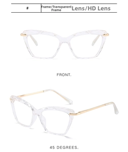 Detailed front and side view of transparent cat eye glasses frames with gold metal temples
