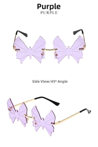 Detail of rimless butterfly sunglasses with purple lenses and golden metal temples