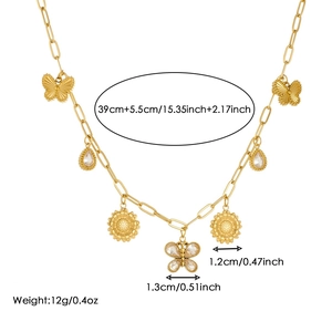 Gold butterfly sunflower pendant necklace with crystals and measurements on white background