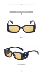 Front and 45-degree side views of black square sunglasses with yellow lenses