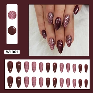 Sparkly cherry red almond press-on nails set with glitter accent and 24 pieces