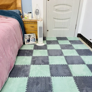 Plush foam interlocking floor tiles in green and grey checkerboard pattern for bedroom floor