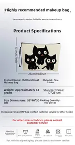 Macro detail of the fine linen fabric and zip closure of the three black cats cosmetic bag