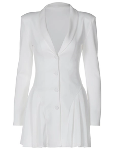 Elegant white V-neck mini blazer dress with single-breasted buttons and pleated hem details