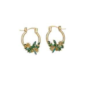 Golden dragonfly and daisy enamel hoop earrings with vibrant green and blue butterfly details