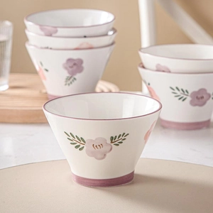 5-inch ceramic conical noodle bowl set with hand-painted purple floral patterns