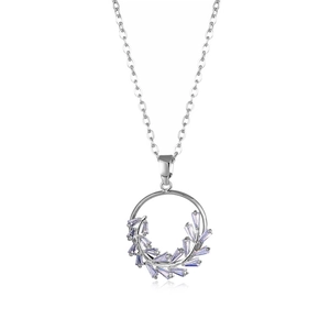 Fashion silver round leaf pendant necklace with lavender zircon stones on white background