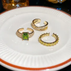 Elegant 18k gold plated adjustable ring set with green emerald and yellow zircon stones