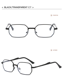 Front and 45-degree angle views of black polygonal metal glasses with transparent lenses