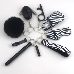 10-piece zebra print self defense keychain set with alarm and wristlet strap