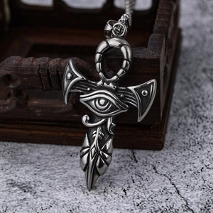 Silver stainless steel Eye of Horus Ankh pendant necklace with a vintage hip hop style