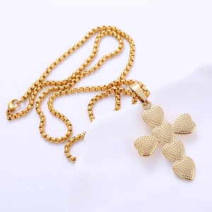 Gold plated stainless steel cross pendant necklace with textured heart shapes on box chain