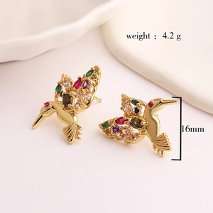 Golden hummingbird earrings with colorful zircons, size 16mm and weight 4.2g on white base