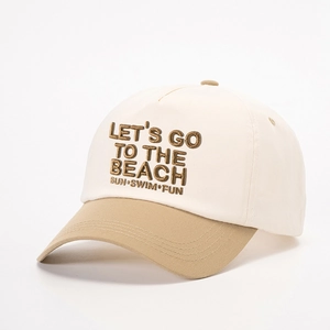 Two-tone beige and khaki cotton baseball cap with Let's Go To The Beach embroidery
