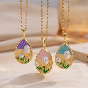 Teardrop Pendant Necklace French Vintage Monet Garden Enamel Faux Artificial Pearl Tulip Titanium Steel Copper For Women