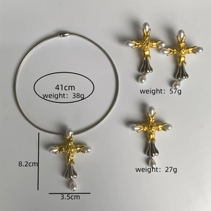 Vintage oversized cross pearl pendant necklace and earrings set with 41cm silver collar