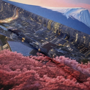 Detail of Mount Fuji and cherry blossom print on high-quality Bohemian tapestry fabric