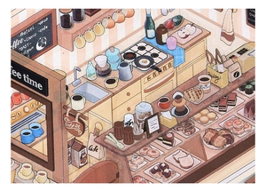 Close-up of PET stickers showing cozy cafe miniatures with pastries and coffee art