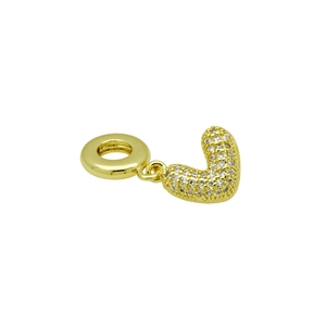 Detail view of a gold-plated letter J charm with pavé clear crystals and a round clasp