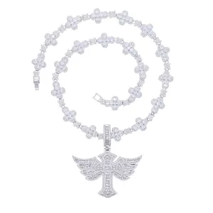 Iced out silver hip hop winged cross pendant necklace with sparkling zirconia stones