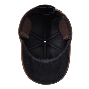 Men's wool baseball cap in dark brown with thick fleece ear flaps for winter warmth