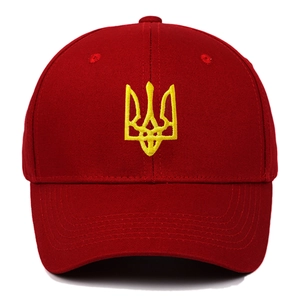 Red cotton baseball cap with yellow Ukraine trident embroidery and six-panel crown