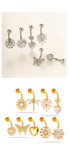 Detail showing assorted sunflower and butterfly navel rings with sparkling zircons
