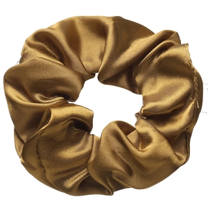 Detailed close-up showing the smooth silk satin texture and pleats of the bronze scrunchie