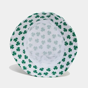 Summer cotton bucket hat in white with green clover print, 45-degree top view display