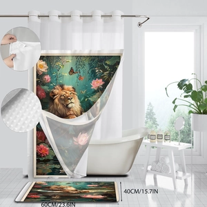 Detail of lion and lotus shower curtain set with 60x40cm matching bath mat fabric texture