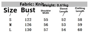 Size chart showing ribbed knit sweater measurements for S, M, and L dimensions