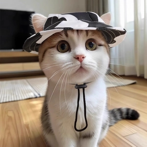 Cute cow print pet bucket hat with adjustable strap on a cat for sun protection