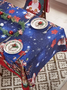 Detailed Christmas table cloth with festive Santa Claus and reindeer patterns in blue