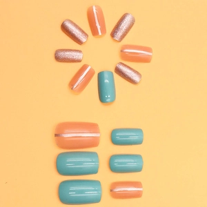 Press-on nail kit with orange, teal, and rose gold glitter in short square round shape