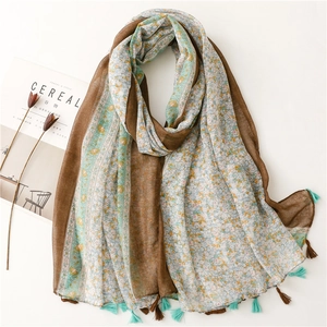 Floral Print Tassel Scarf Women Lightweight Voile Shawl Ethnic Pastoral Style Breathable Wrap Cotton Linen Feel
