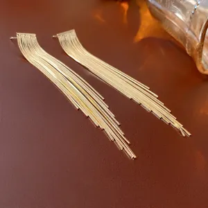 Gold-plated chain fringe earrings with tiered tassel design on a leather surface