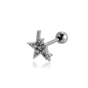 Detailed close-up of a silver star ear stud with sparkling cubic zirconia and screw-back
