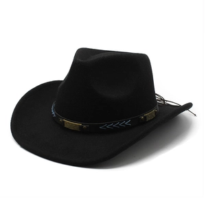 Classic black wool western cowboy hat with studded leather band and wide brim
