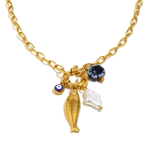 18K gold plated stainless steel O-chain necklace with fish, evil eye and pearl charms
