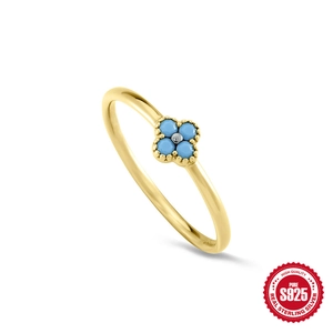 Minimalist S925 sterling silver ring with 18K gold clover and blue zircon stones