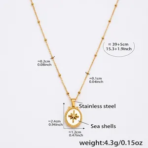 Detail of gold stainless steel necklace featuring shell octagonal star pendant and size specs