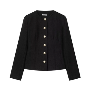 Women's classic black tweed jacket with round neck and elegant gold embossed buttons