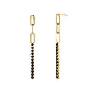 Elegant gold-plated drop earrings with black cubic zirconia stones and geometric chain links
